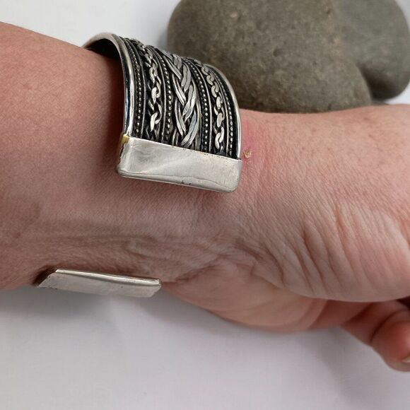 Vintage Wide Braided Silver Cuff Bracelet Mens Unisex Made in India Boho Ethnic - Picture 3 of 7